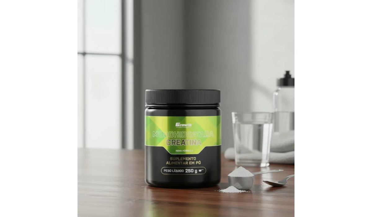 Creatina Monohidratada Sem Sabor: Como Funciona e Por Que É o Suplemento Mais Estudado Pote de Creatina Growth ao lado de um copo de água e dosador na mesa
