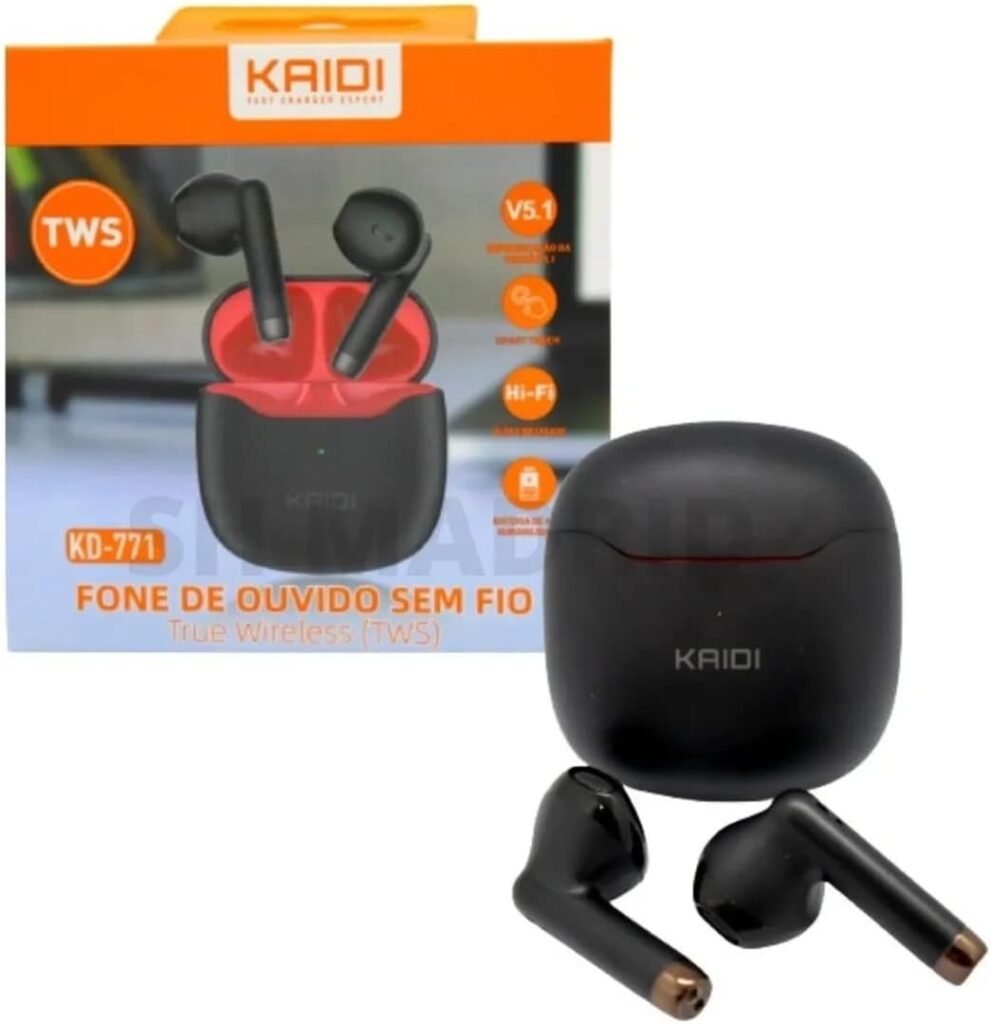 Fone Bluetooth Kaidi KD-771: Vale a Pena Comprar um TWS Barato? Fone de ouvido Bluetooth Kaidi KD-771 TWS na caixa e fora do estojo