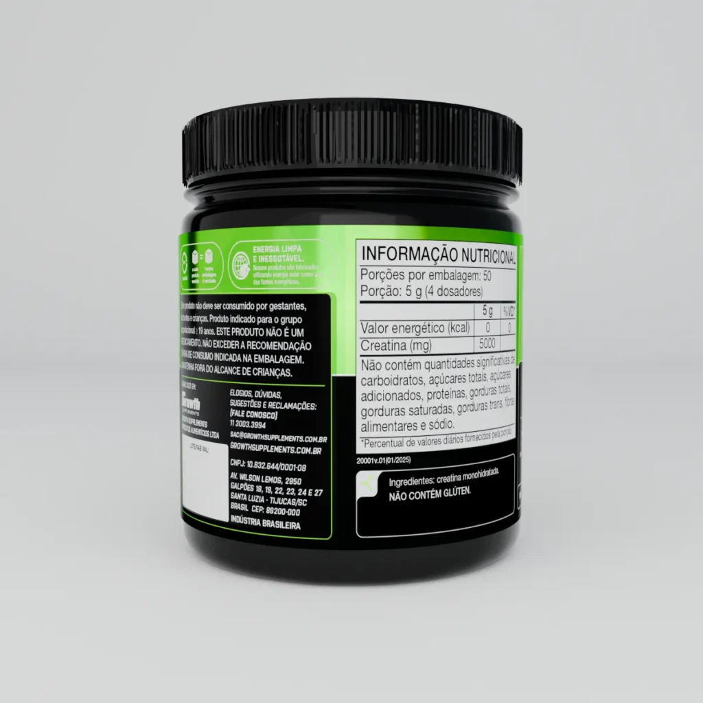 Creatina Monohidratada Sem Sabor: Como Funciona e Por Que É o Suplemento Mais Estudado Tabela de informação nutricional e ingredientes da Creatina Monohidratada Growth
