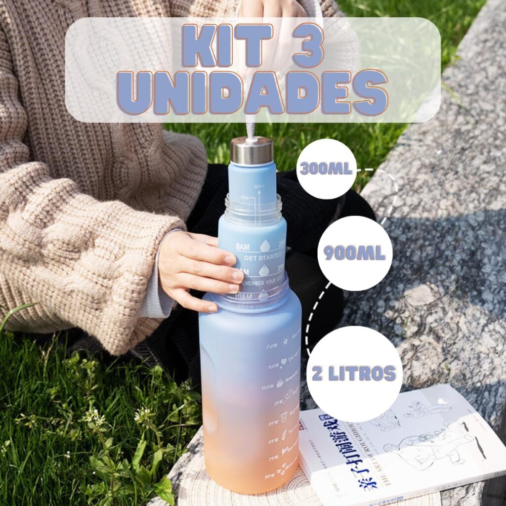 Kit com 3 garrafas motivacionais de água nos tamanhos 2 litros, 900ml e 300ml