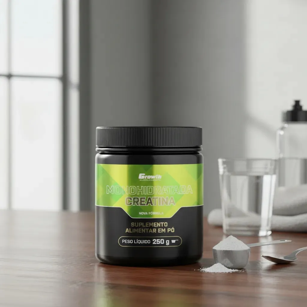 Creatina Monohidratada Sem Sabor: Como Funciona e Por Que É o Suplemento Mais Estudado Pote de Creatina Growth ao lado de um copo de água e dosador na mesa
