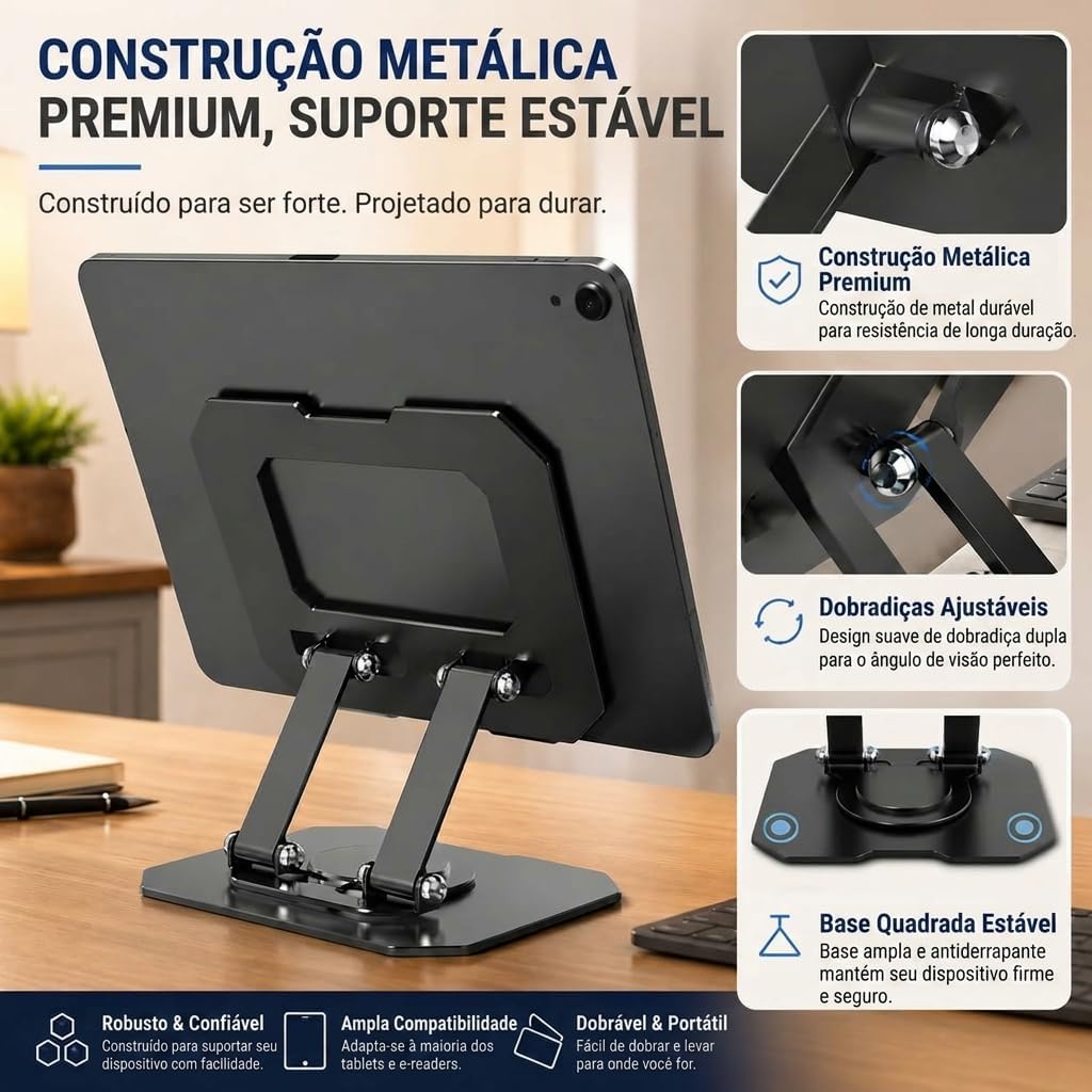 Como Organizar sua Mesa de Trabalho e Evitar Dores no Pescoço Usando Celular ou Tablet Detalhe da estrutura de aço carbono e base com borracha antiderrapante do suporte