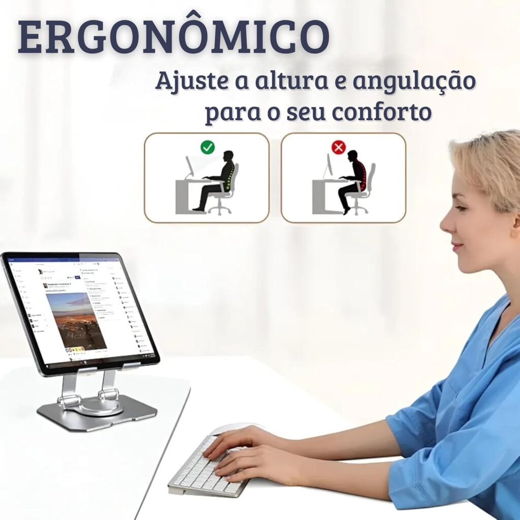 Como Organizar sua Mesa de Trabalho e Evitar Dores no Pescoço Usando Celular ou Tablet Comparativo ergonômico de postura ao usar suporte para tablet e celular na mesa