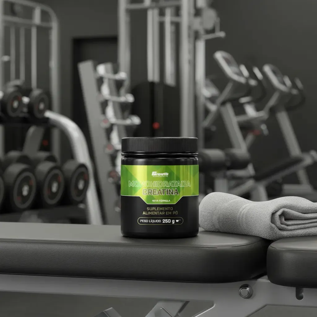 Creatina Monohidratada Sem Sabor: Como Funciona e Por Que É o Suplemento Mais Estudado Pote de Creatina Monohidratada Growth Supplements na bancada de uma academia