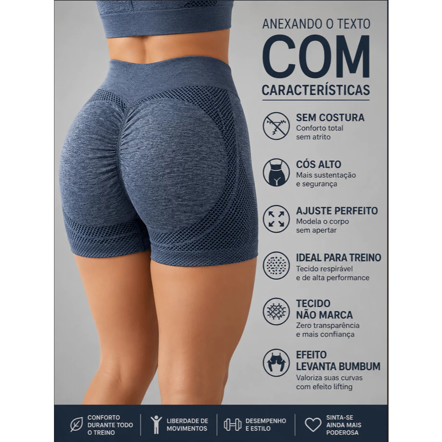 Short Fitness Feminino Anatómico com Efeito Levanta Bumbum é Bom? Vale a Pena? Infografico do short fitness detalhando cos alto sem costura e efeito levanta bumbum