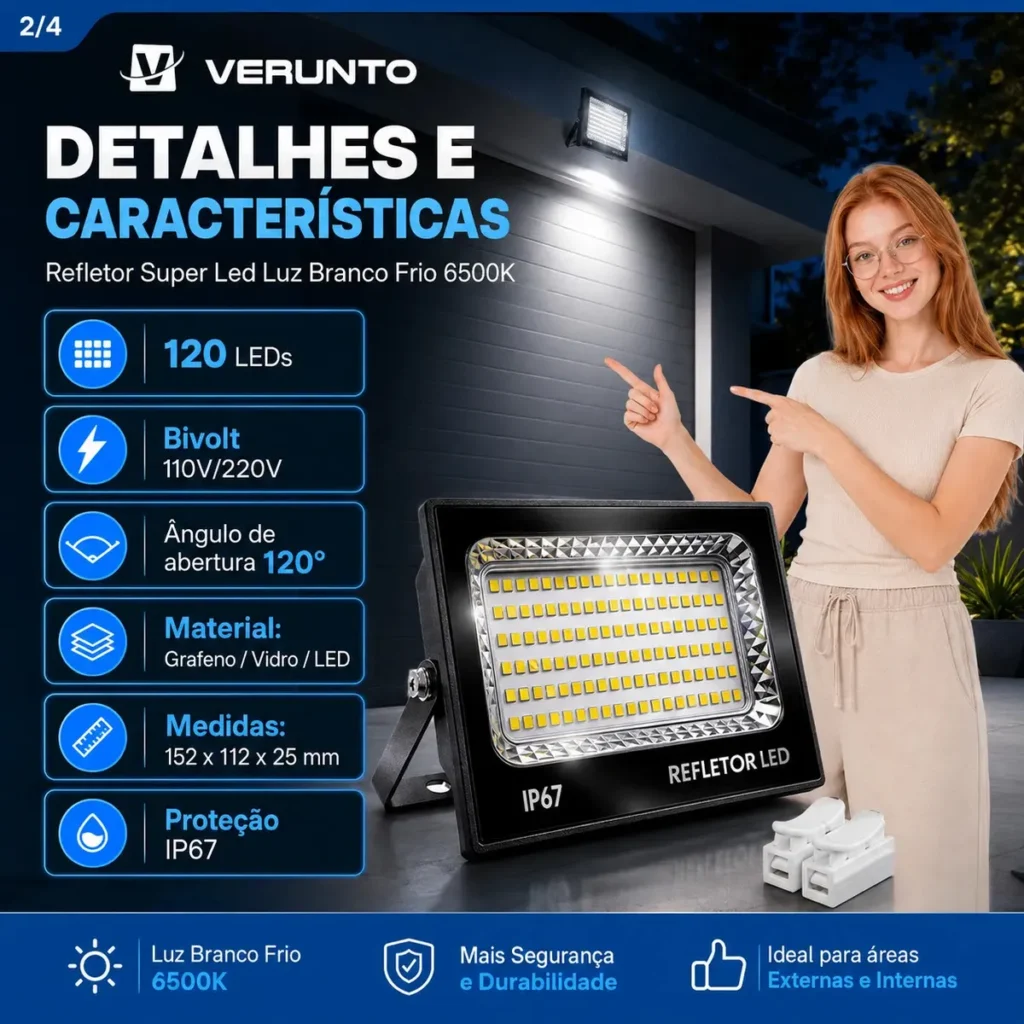 Kit 2 Refletor Super LED 400W IP67 Verunto é Bom? Vale a Pena? Detalhes técnicos do refletor Verunto 400w mostrando LEDs bivolt e proteção IP67