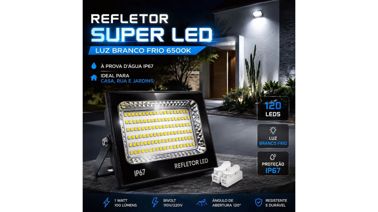 kit 2 refletor super led 400w ip67 bivolt em destaque com casa iluminada ao fundo