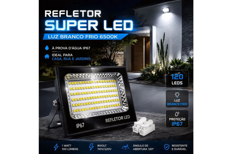 kit 2 refletor super led 400w ip67 bivolt em destaque com casa iluminada ao fundo