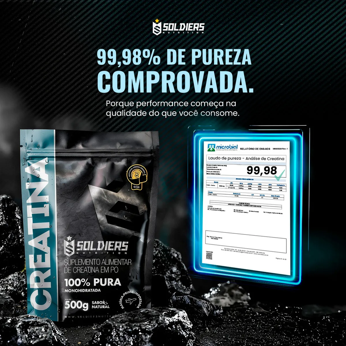 Laudo de análise comprovando 99,98 por cento de pureza da creatina Soldiers Nutrition